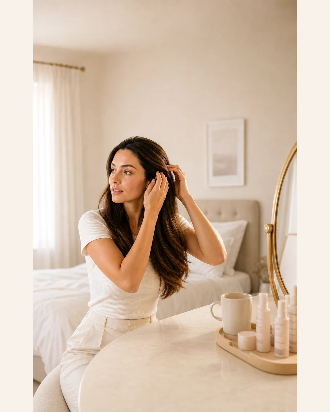 Brunette woman finishing her fuller Double Drawn Halo hair in a warm morning bedroom