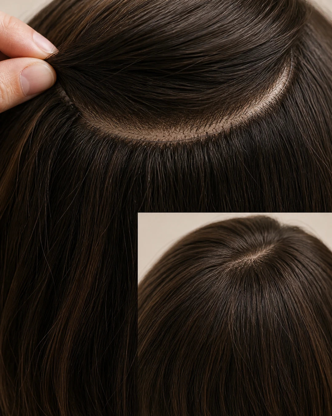Close view of the slim Halo band and wire concealed beneath parted natural crown hair
