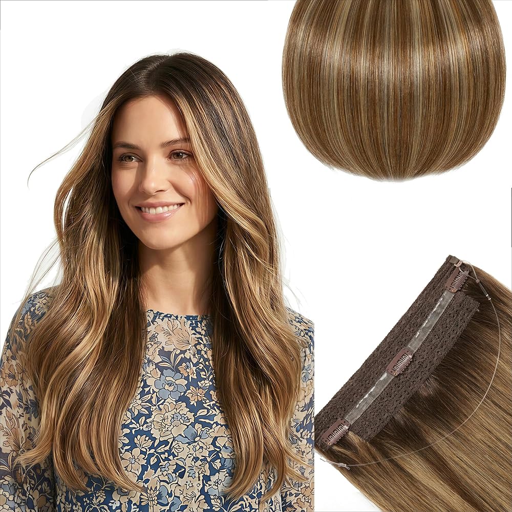 SISIYUYU Halo Hair Extensions Real Remy Human Hair, 12 Inch, 95g, Chocolate Brown Caramel Balayage, Invisible Wire for Thin Hair & Natural Volume