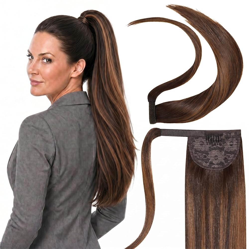 SISIYUYU Human Hair Ponytail Extension, 20 Inch, 120g, Balayage Dark Brown to Chestnut Brown, Wrap Around Quick Volume