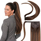 SISIYUYU Human Hair Ponytail Extension, 20 Inch, 120g, Balayage Dark Brown to Chestnut Brown, Wrap Around Quick Volume
