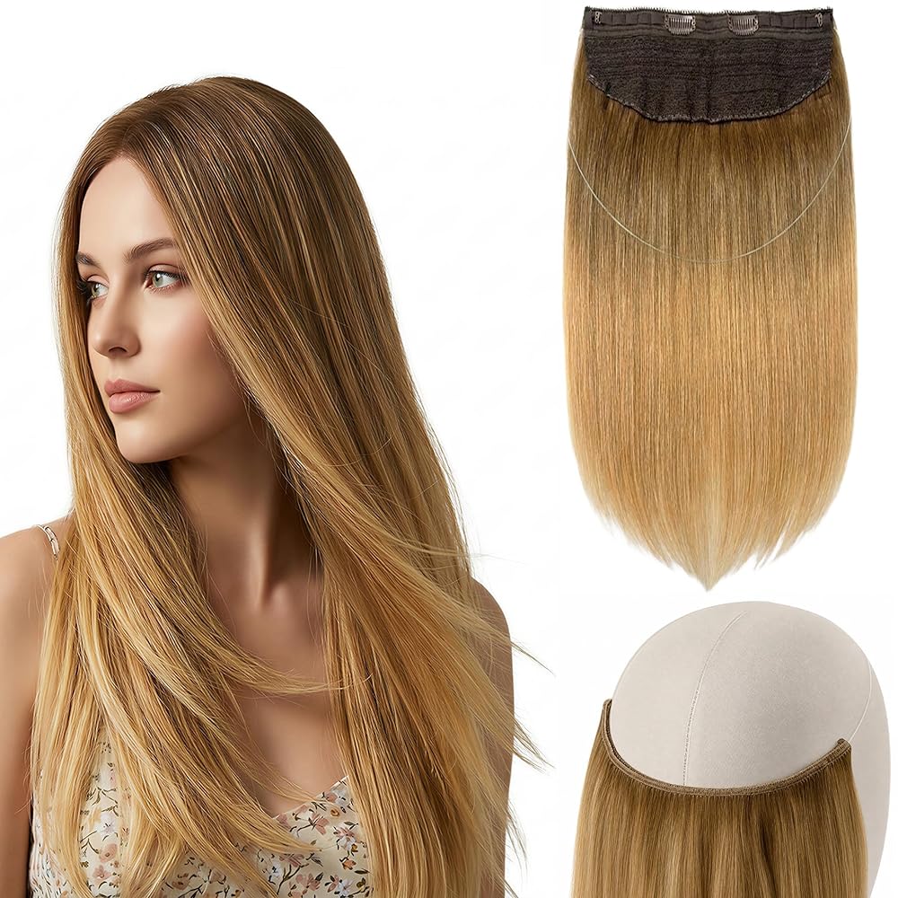 SISIYUYU Halo Hair Extensions Real Remy Human Hair, 14 Inch, 70g, Bronde Balayage, Invisible Wire for Thin Hair & Natural Volume