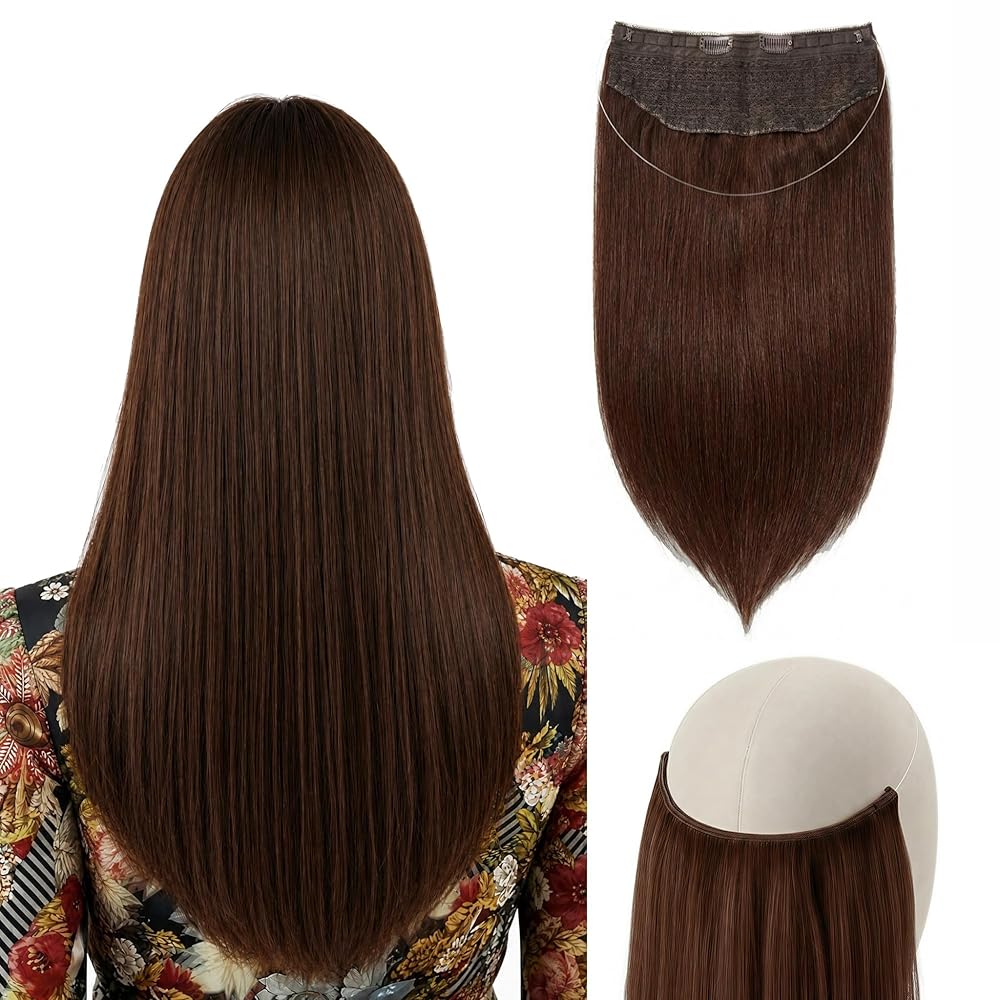 SISIYUYU Halo Hair Extensions Real Remy Human Hair, 14 Inch, 70g, Chocolate Brown, Invisible Wire for Thin Hair & Natural Volume