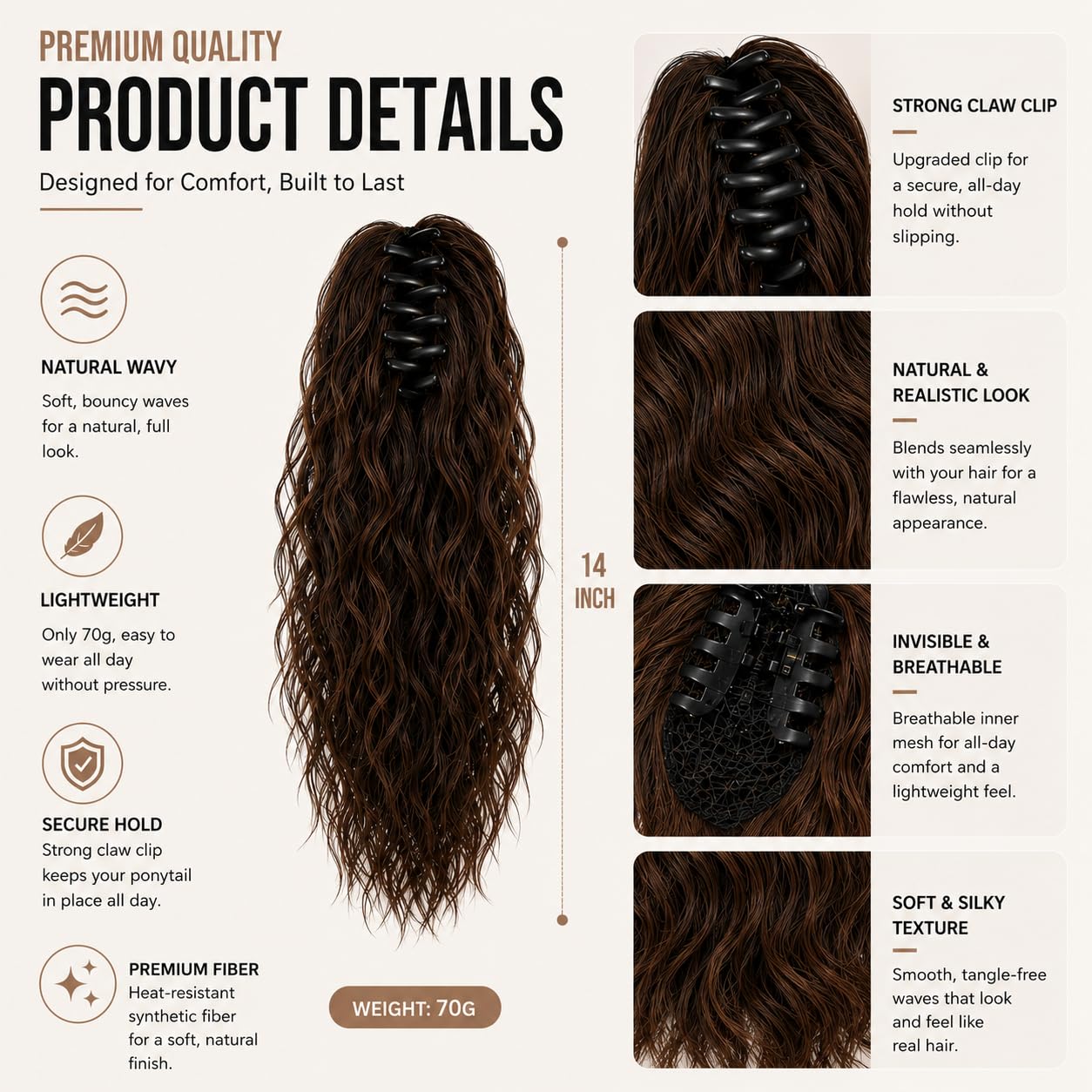 SISIYUYU Human Hair Ponytail Extension, 12 Inch, 70g, Matte Natural Voluminous Pony Tail Hairpiece, Claw Clip Quick Volume - image 2