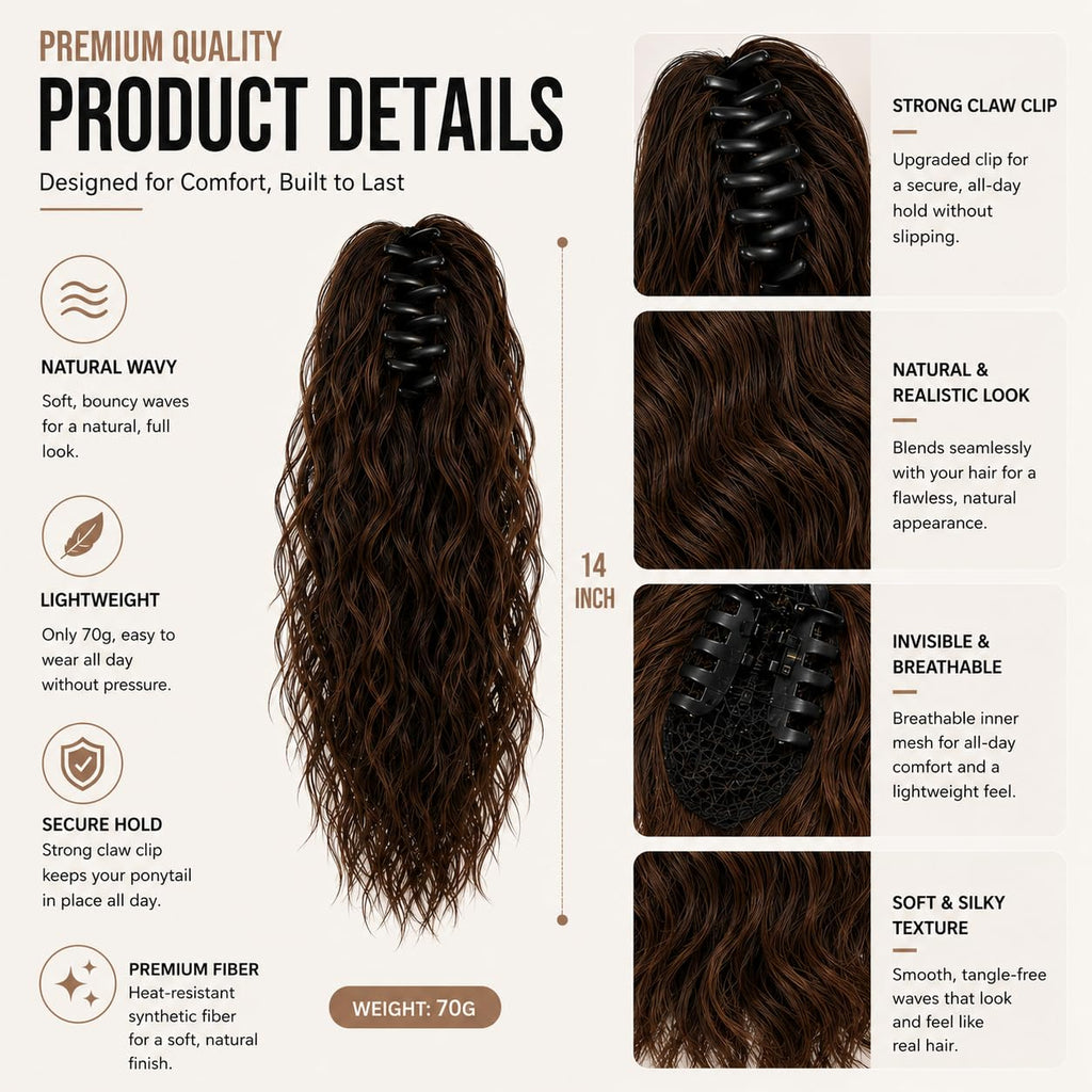 SISIYUYU Human Hair Ponytail Extension, 12 Inch, 70g, Matte Natural Voluminous Pony Tail Hairpiece, Claw Clip Quick Volume