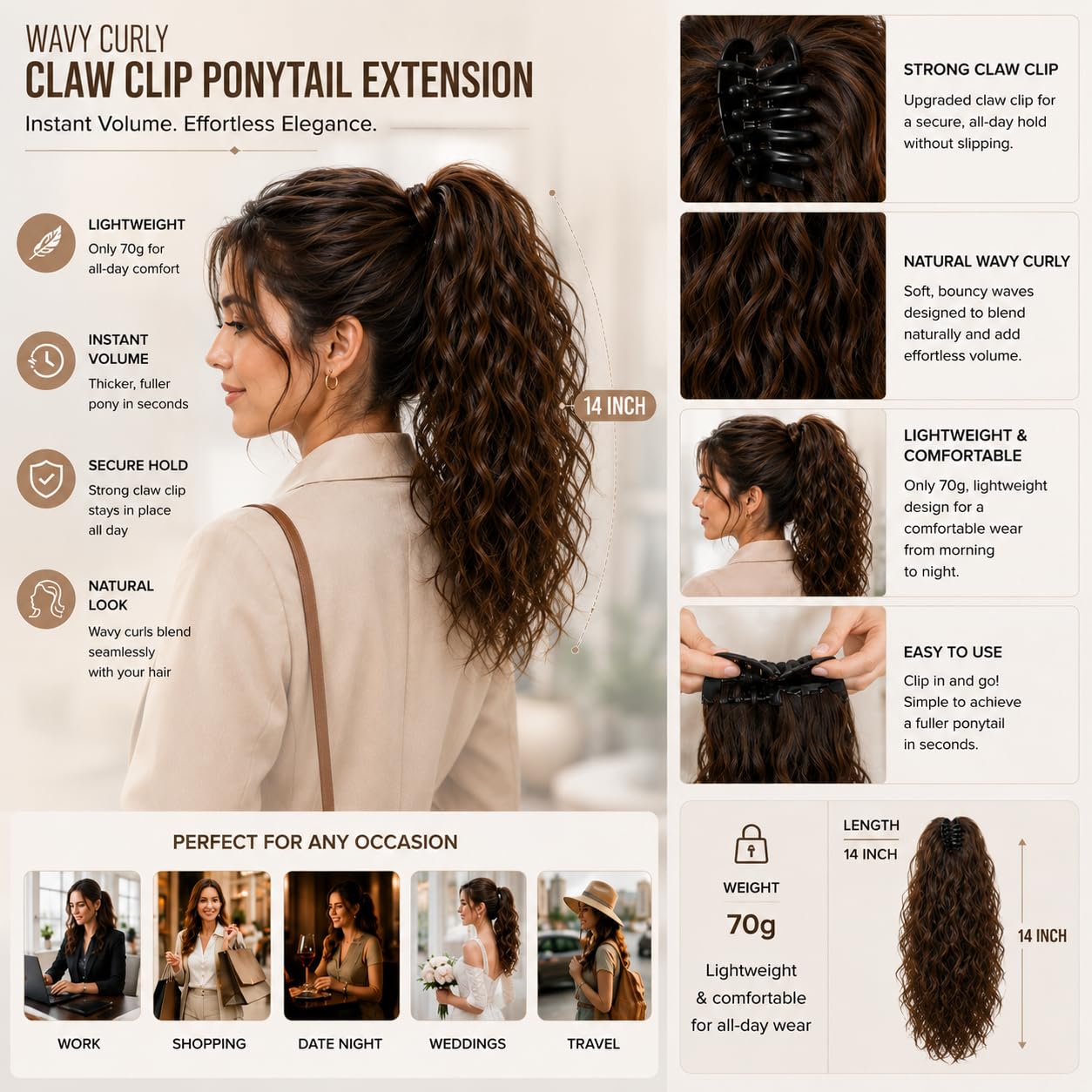 SISIYUYU Human Hair Ponytail Extension, 12 Inch, 70g, Matte Natural Voluminous Pony Tail Hairpiece, Claw Clip Quick Volume - image 5