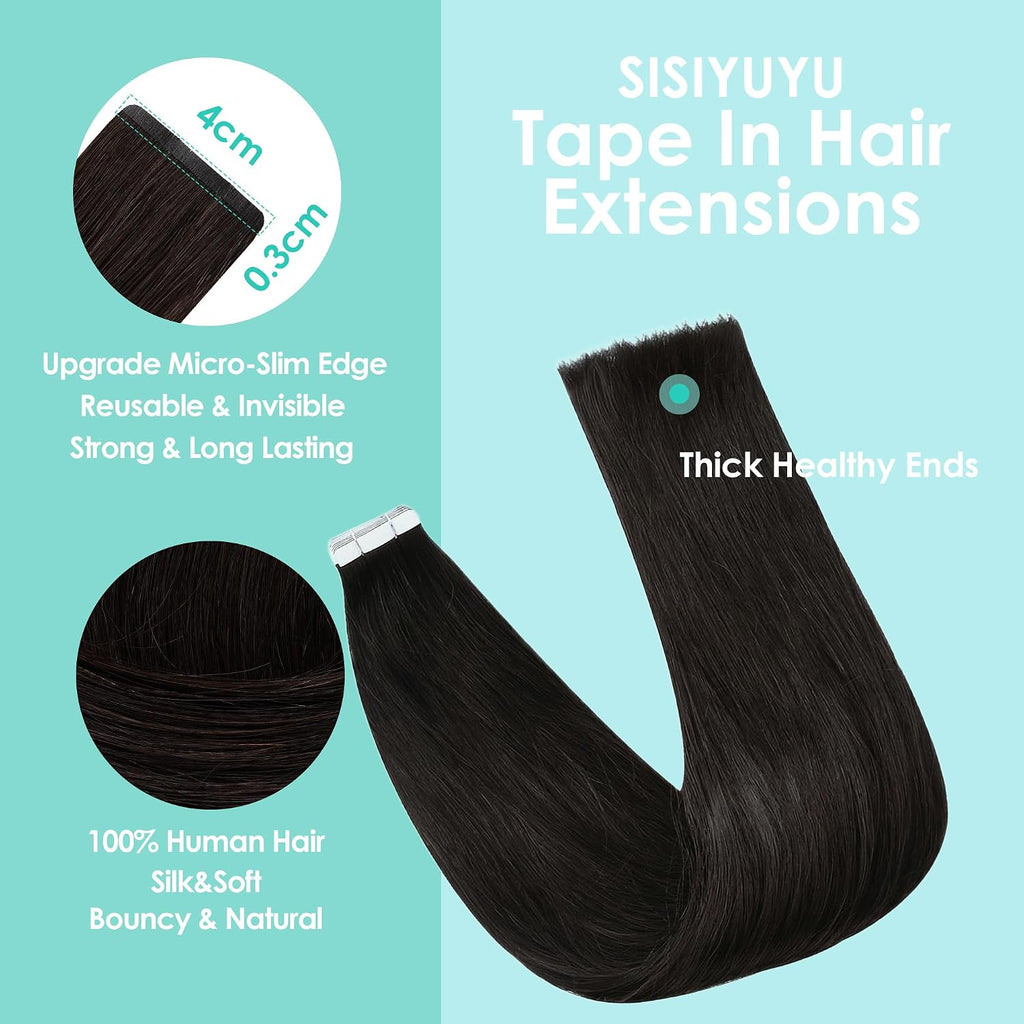 SISIYUYU Invisible Tape-In Hair Extensions Human Hair, 12 Inch, 40g 20pcs, #1B Natural Black, Seamless Skin Weft for Fine Thin Hair - image 4