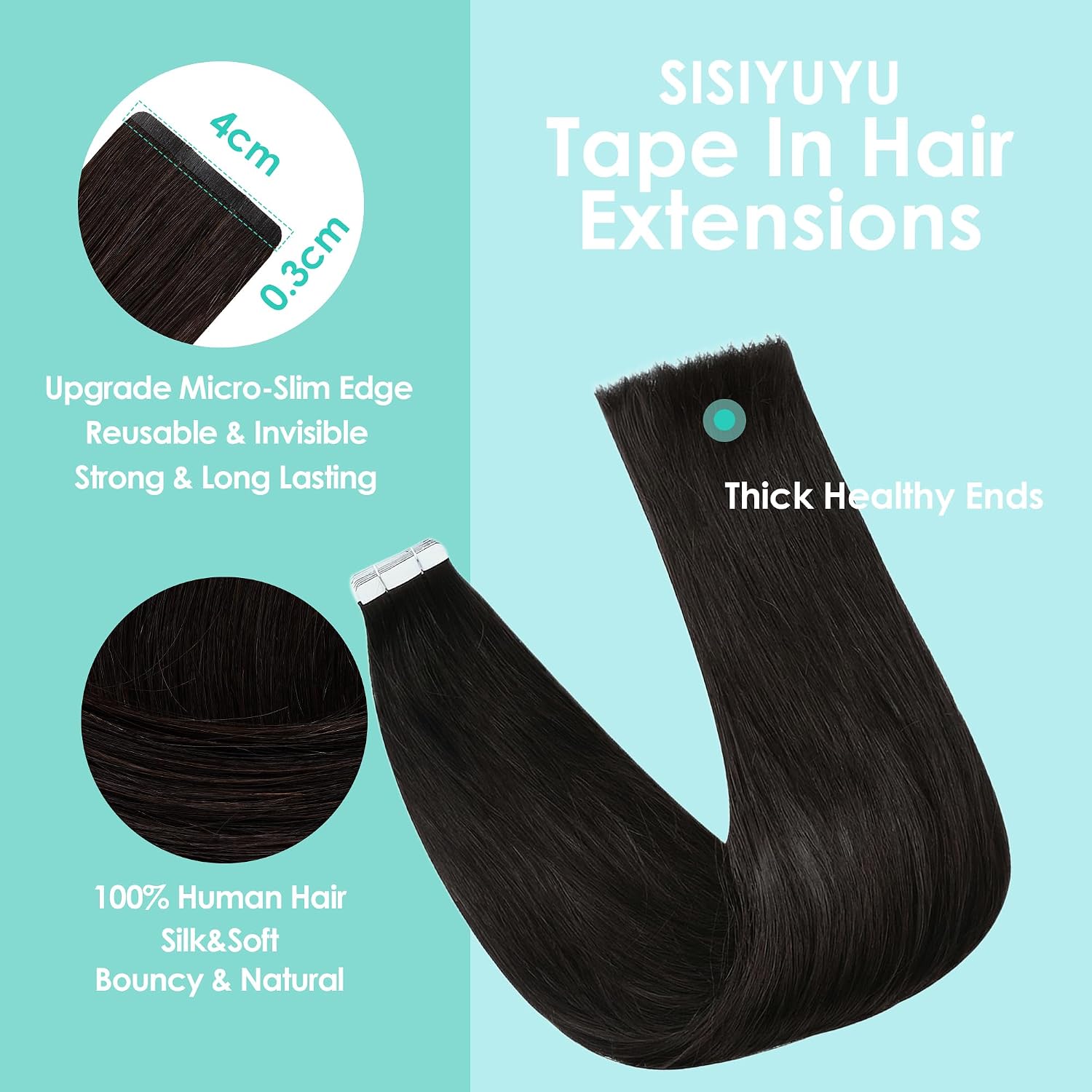 SISIYUYU Invisible Tape-In Hair Extensions Human Hair, 12 Inch, 40g 20pcs, #1B Natural Black, Seamless Skin Weft for Fine Thin Hair - image 4