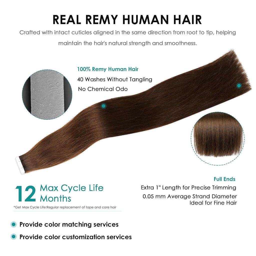SISIYUYU Invisible Tape-In Hair Extensions Human Hair, 12 Inch, 40g 20pcs, Dark Brown, Seamless Skin Weft for Fine Thin Hair - image 4