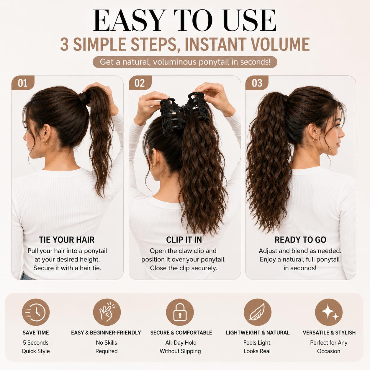 SISIYUYU Human Hair Ponytail Extension, 12 Inch, 70g, Matte Natural Voluminous Pony Tail Hairpiece, Claw Clip Quick Volume - image 4