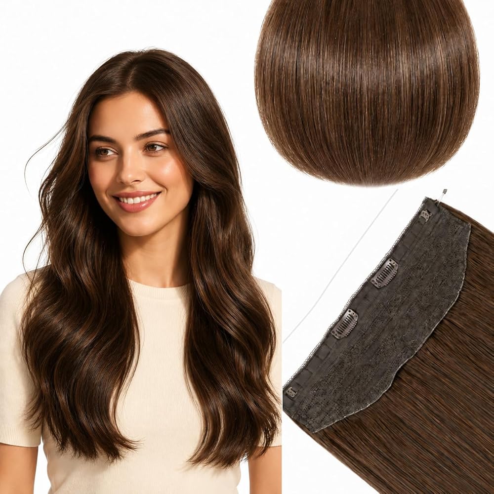 SISIYUYU Halo Hair Extensions Real Remy Human Hair, 18 Inch, 80g, Neutral Chestnut Brown, Invisible Wire for Thin Hair & Natural Volume