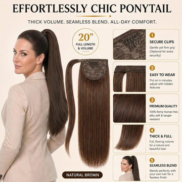 SISIYUYU Human Hair Ponytail Extension, 16 Inch, 90g, Light Neutral Brown, Wrap Around Quick Volume - image 3