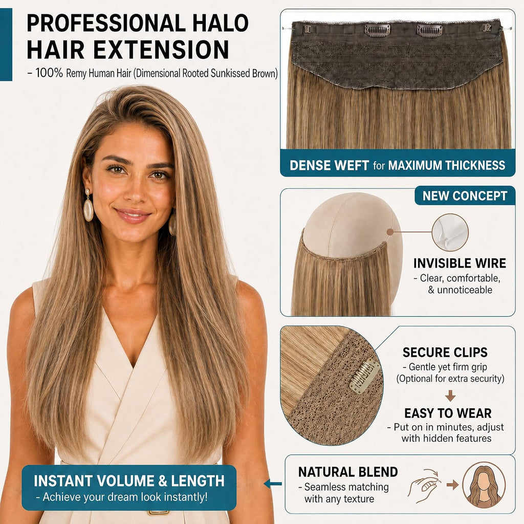 SISIYUYU Halo Hair Extensions Real Remy Human Hair, 12 Inch, 70g, Dimensional Rooted Sunkissed Brown, Invisible Wire for Thin Hair & Natural Volume - image 2