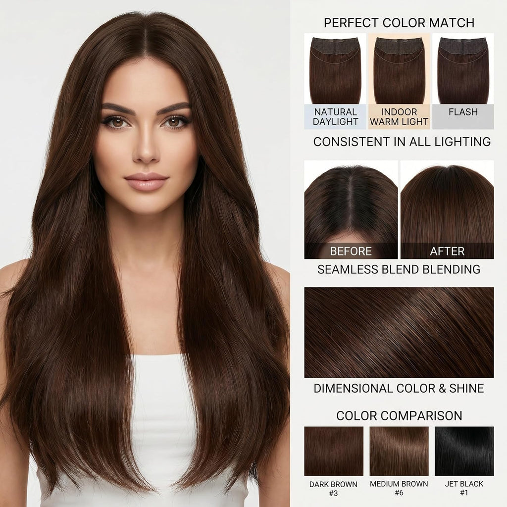 SISIYUYU Halo Hair Extensions Real Remy Human Hair, 12 Inch, 70g, Chocolate Brown, Invisible Wire for Thin Hair & Natural Volume - image 6