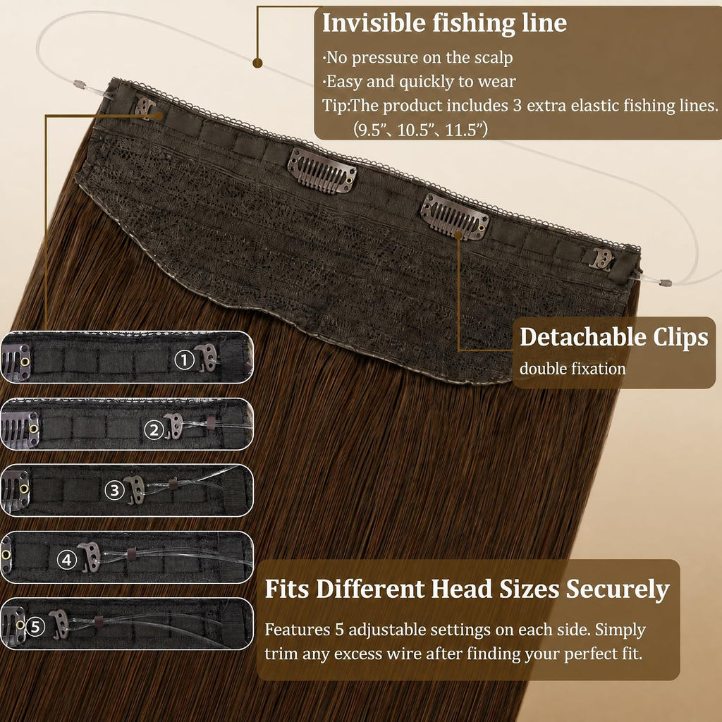 SISIYUYU Halo Hair Extensions Real Remy Human Hair, 12 Inch, 70g, Neutral Chestnut Brown, Invisible Wire for Thin Hair & Natural Volume - image 4