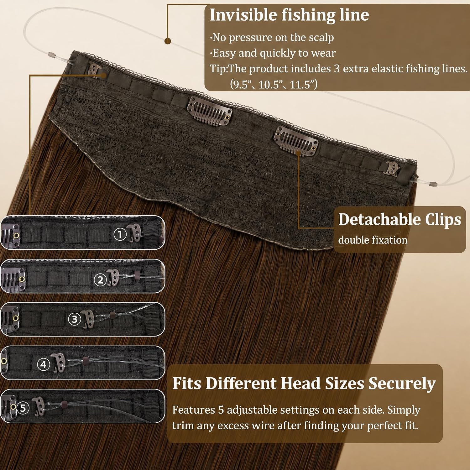 SISIYUYU Halo Hair Extensions Real Remy Human Hair, 12 Inch, 70g, Neutral Chestnut Brown, Invisible Wire for Thin Hair & Natural Volume - image 4