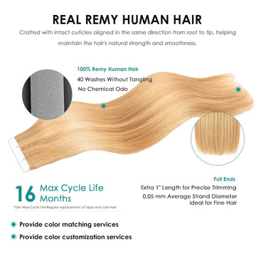 SISIYUYU Invisible Tape-In Hair Extensions Human Hair, 12 Inch, 40g 20pcs, #18/613 Dark Blonde with Honey Highlights, Seamless Skin Weft for Fine Thin Hair - image 4