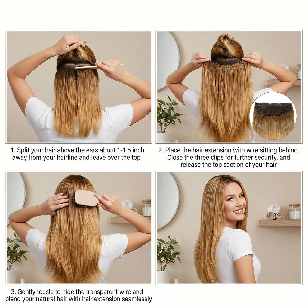 SISIYUYU Halo Hair Extensions Real Remy Human Hair, 14 Inch, 70g, Bronde Balayage, Invisible Wire for Thin Hair & Natural Volume - image 7