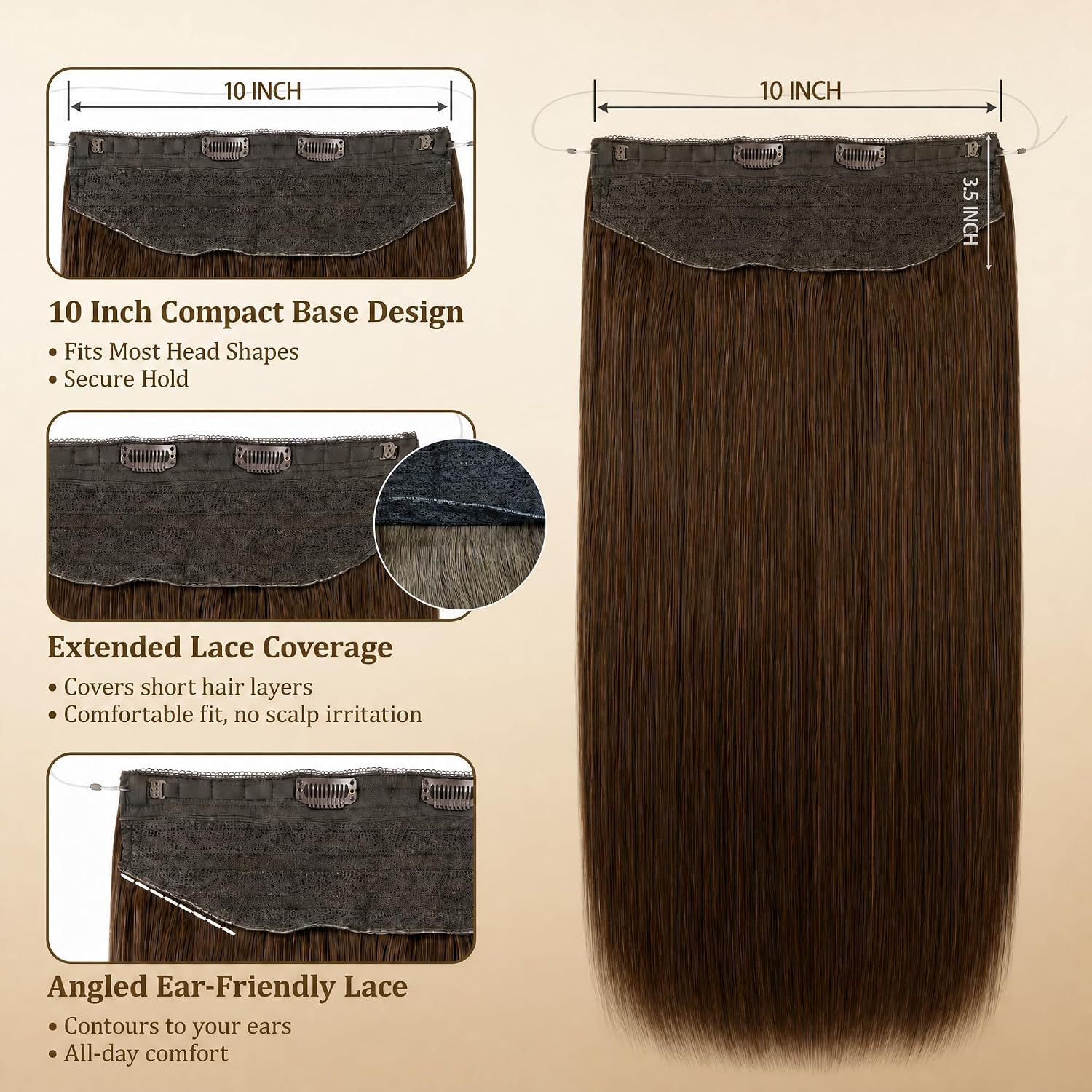 SISIYUYU Halo Hair Extensions Real Remy Human Hair, 12 Inch, 70g, Neutral Chestnut Brown, Invisible Wire for Thin Hair & Natural Volume - image 3
