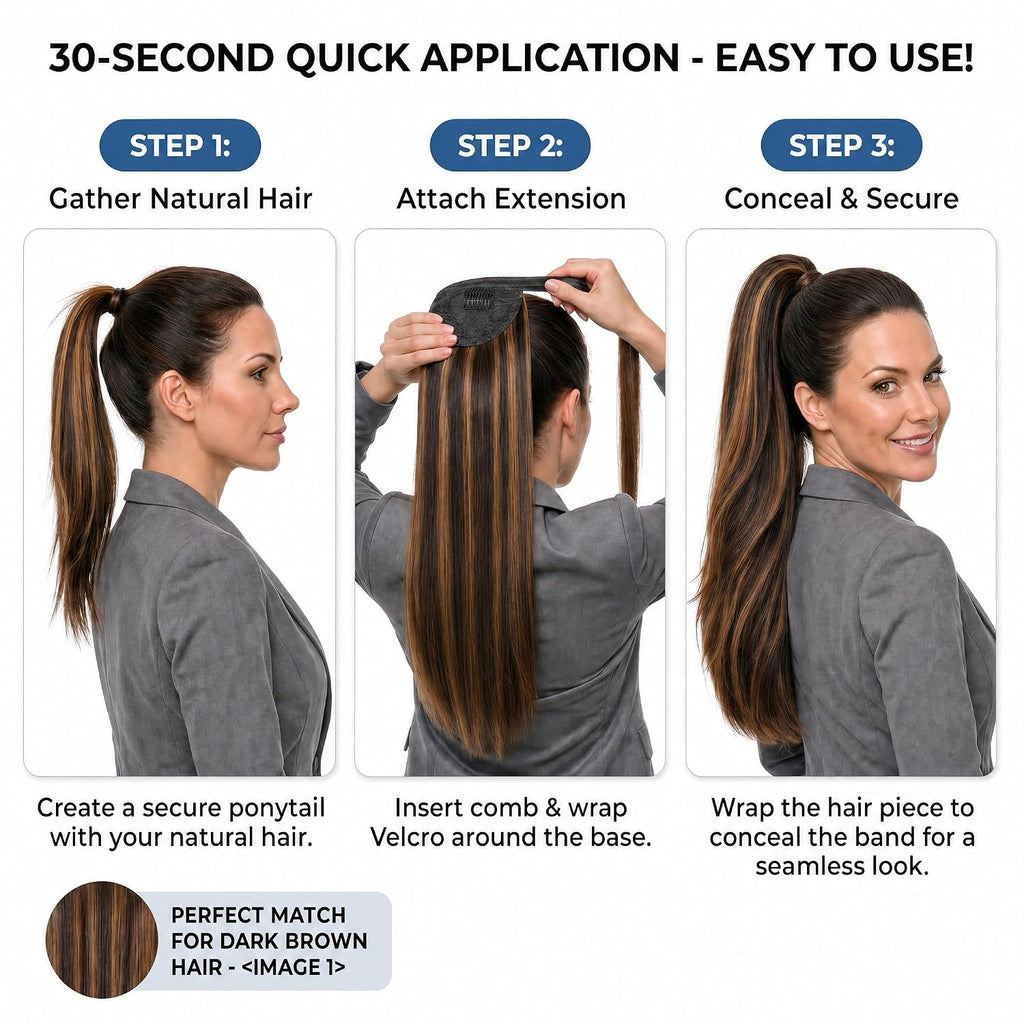 SISIYUYU Human Hair Ponytail Extension, 20 Inch, 120g, Balayage Dark Brown to Chestnut Brown, Wrap Around Quick Volume - image 6