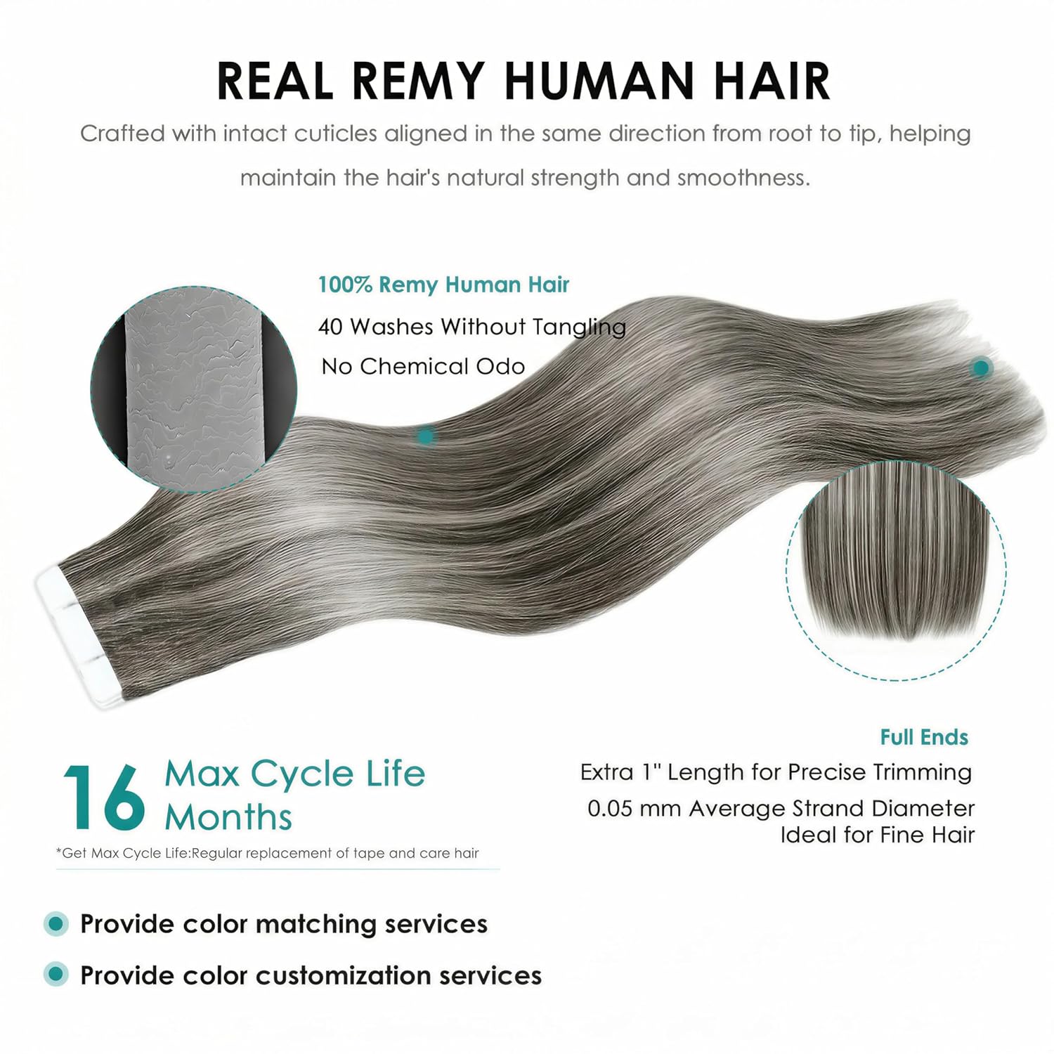 SISIYUYU Invisible Tape-In Hair Extensions Human Hair, 14 Inch, 40g 20pcs, Salt and Black Pepper, Seamless Skin Weft for Fine Thin Hair - image 4