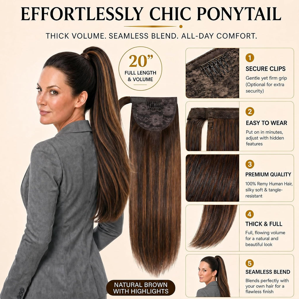 SISIYUYU Human Hair Ponytail Extension, 20 Inch, 120g, Balayage Dark Brown to Chestnut Brown, Wrap Around Quick Volume - image 3