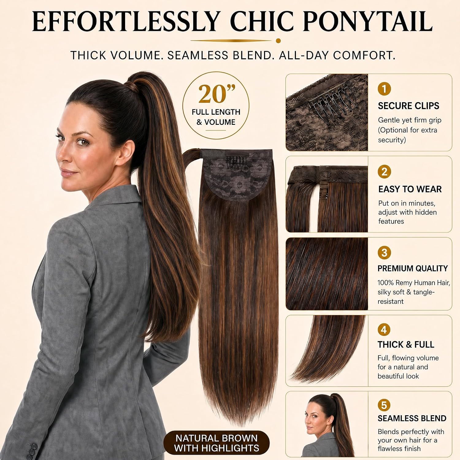 SISIYUYU Human Hair Ponytail Extension, 20 Inch, 120g, Balayage Dark Brown to Chestnut Brown, Wrap Around Quick Volume - image 3