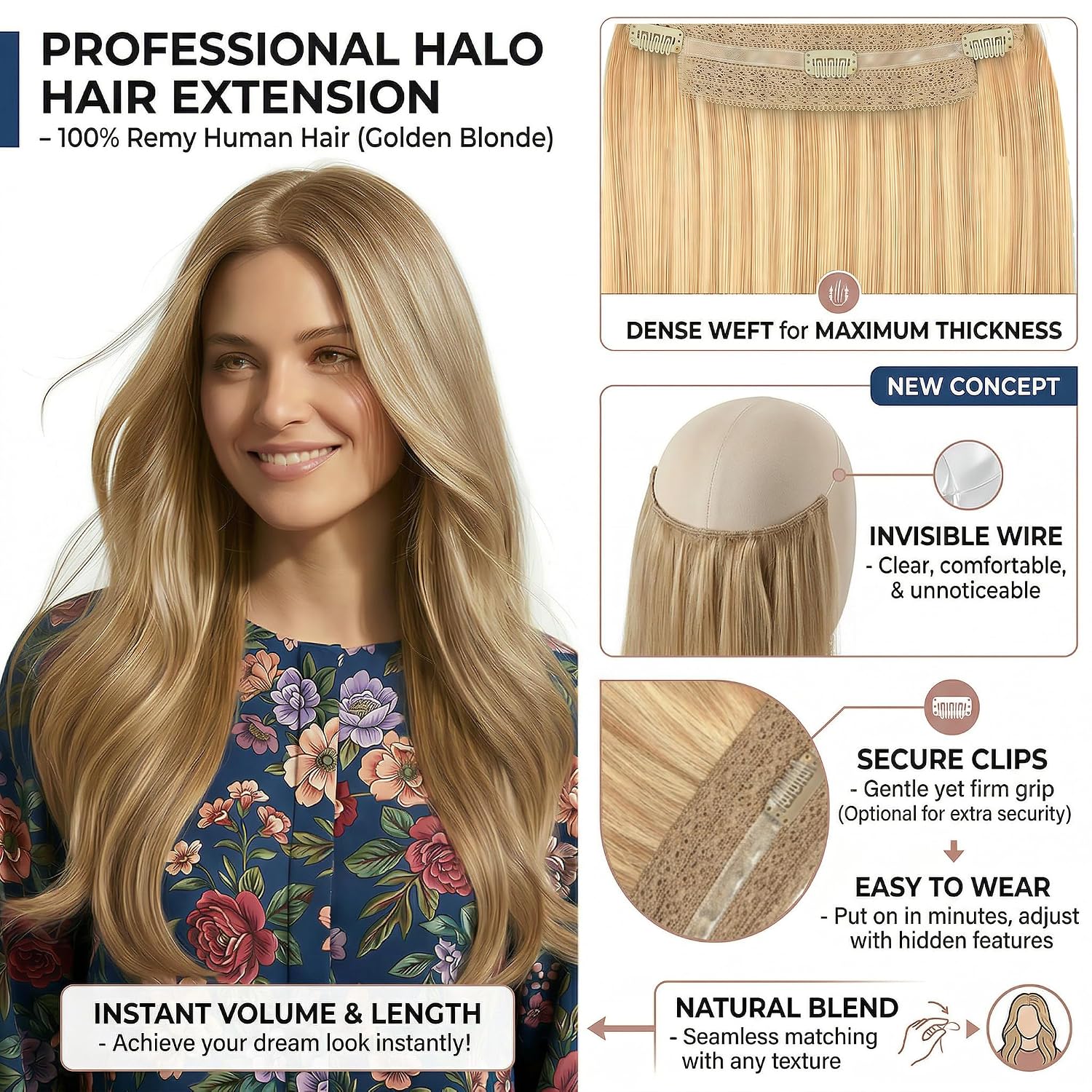 SISIYUYU Halo Hair Extensions Real Remy Human Hair, 12 Inch, 95g, Dark Blonde with Honey Highlights, Invisible Wire for Thin Hair & Natural Volume - image 6