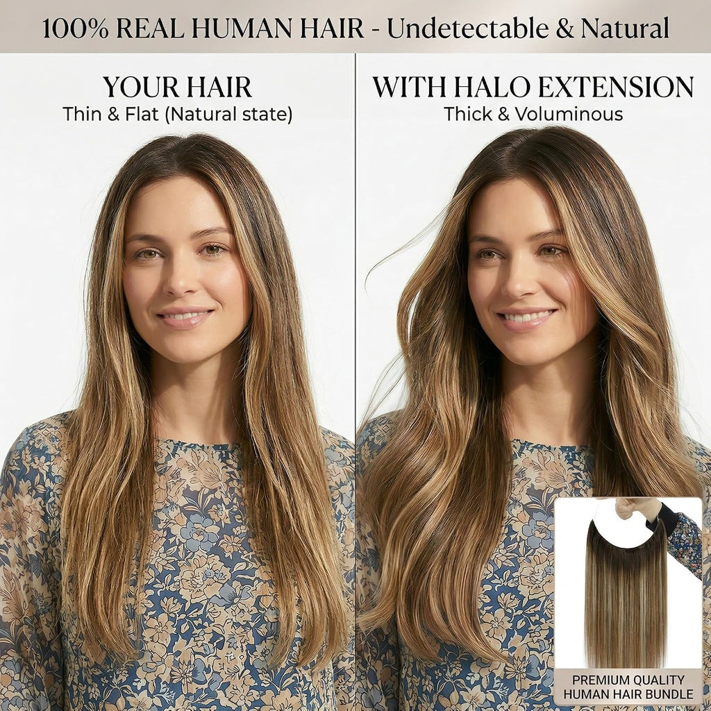 SISIYUYU Halo Hair Extensions Real Remy Human Hair, 12 Inch, 95g, Chocolate Brown Caramel Balayage, Invisible Wire for Thin Hair & Natural Volume - image 2