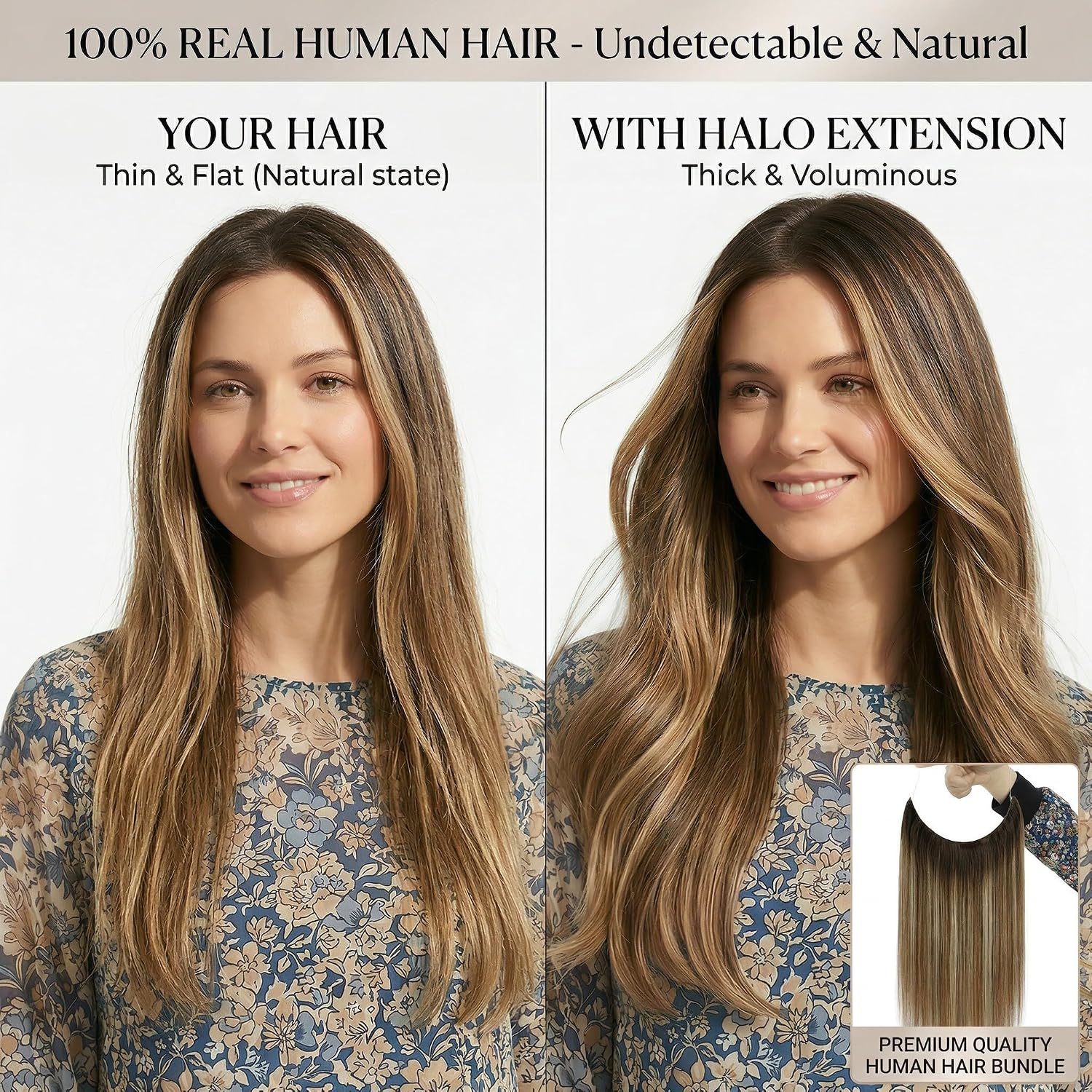 SISIYUYU Halo Hair Extensions Real Remy Human Hair, 12 Inch, 95g, Chocolate Brown Caramel Balayage, Invisible Wire for Thin Hair & Natural Volume - image 2
