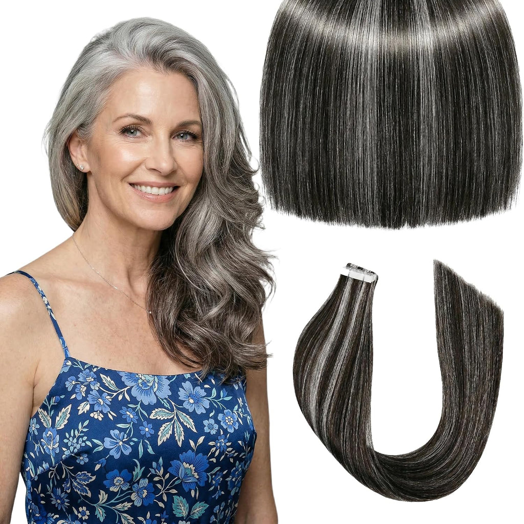 SISIYUYU Invisible Tape-In Hair Extensions Human Hair, 14 Inch, 40g 20pcs, Salt and Black Pepper, Seamless Skin Weft for Fine Thin Hair - image 1