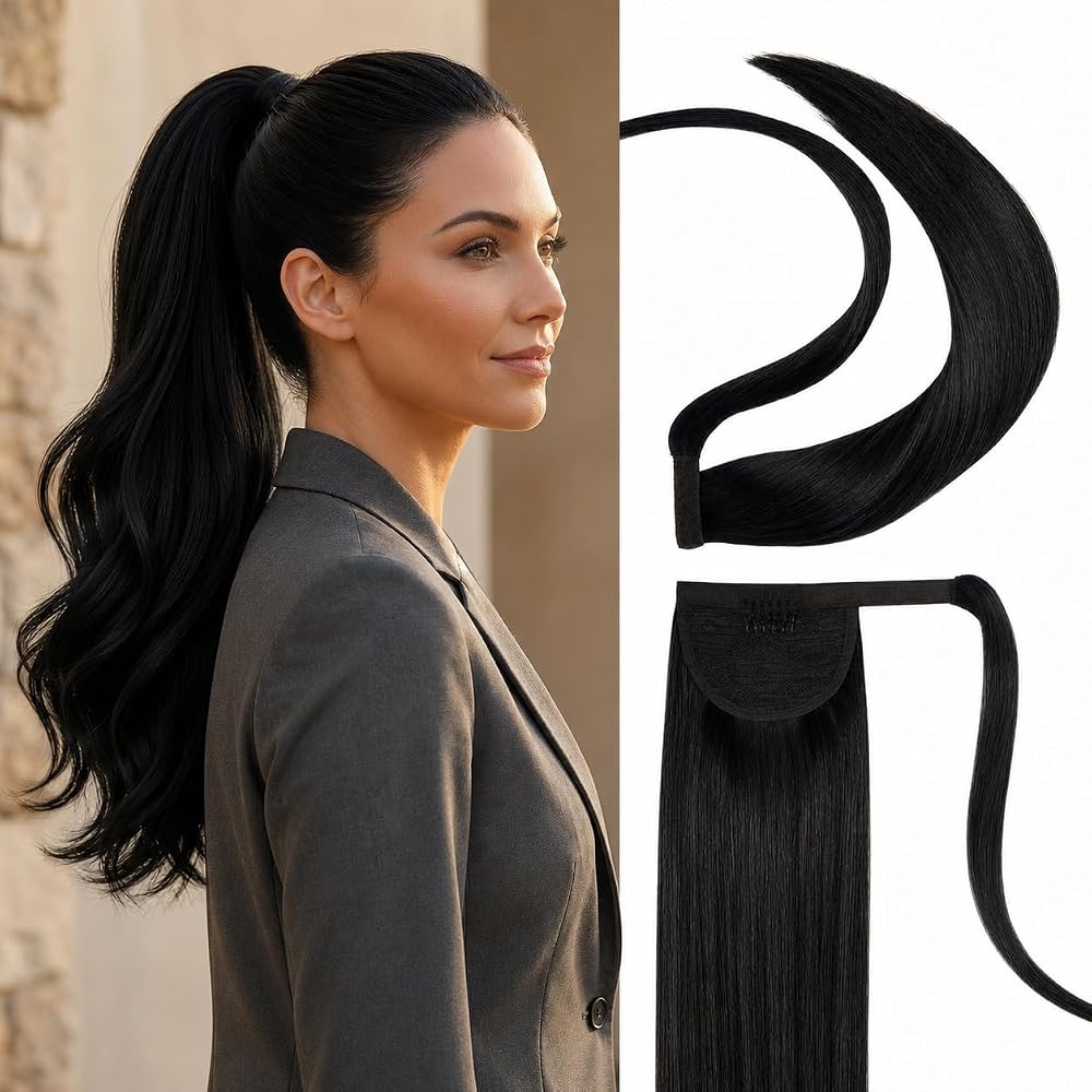 SISIYUYU Human Hair Ponytail Extension, 18 Inch, 120g, Black, Wrap Around Quick Volume
