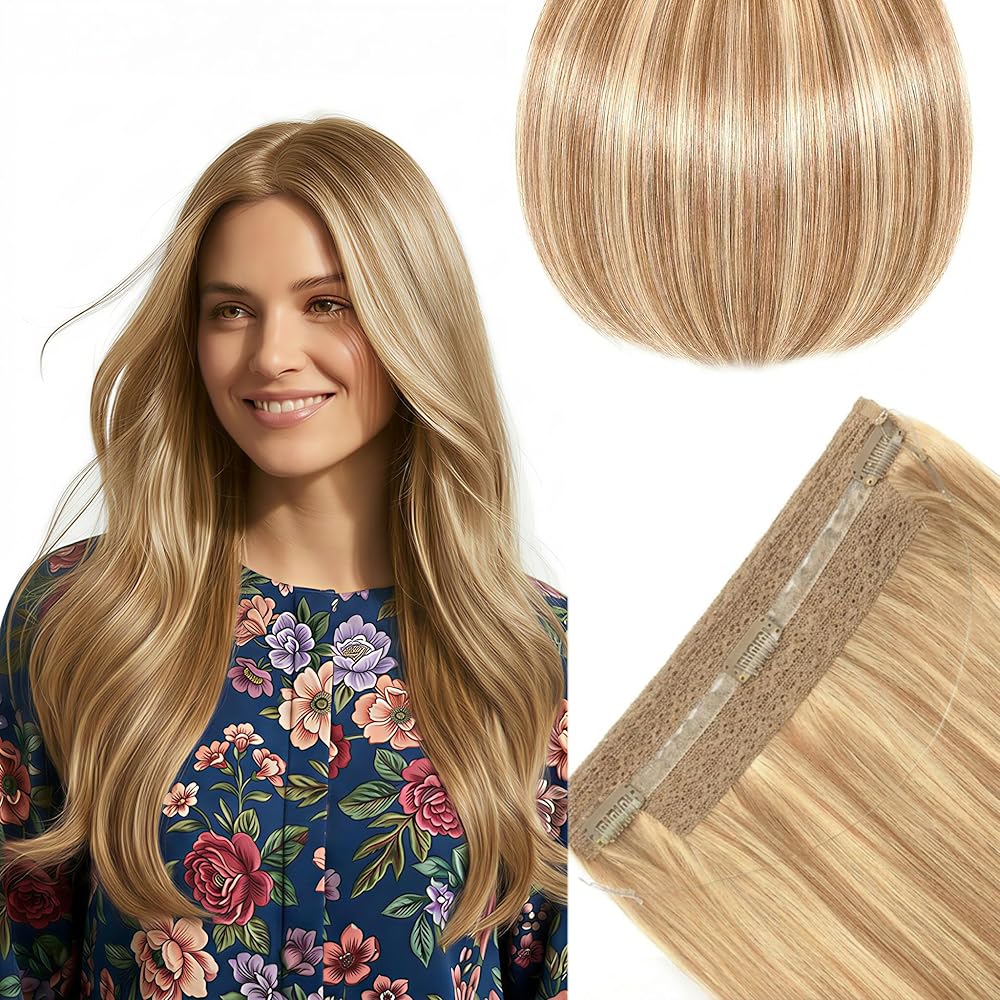 SISIYUYU Halo Hair Extensions Real Remy Human Hair, 14 Inch, 95g, Dark Blonde with Honey Highlights, Invisible Wire for Thin Hair & Natural Volume