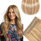 SISIYUYU Halo Hair Extensions Real Remy Human Hair, 14 Inch, 95g, Dark Blonde with Honey Highlights, Invisible Wire for Thin Hair & Natural Volume