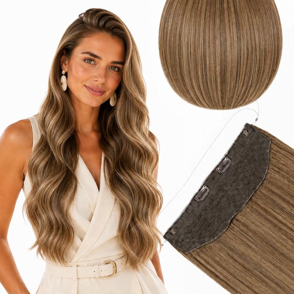 SISIYUYU Halo Hair Extensions Real Remy Human Hair, 16 Inch, 80g, Dimensional Rooted Sunkissed Brown, Invisible Wire for Thin Hair & Natural Volume