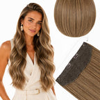 SISIYUYU Halo Hair Extensions Real Remy Human Hair, 16 Inch, 80g, Dimensional Rooted Sunkissed Brown, Invisible Wire for Thin Hair & Natural Volume