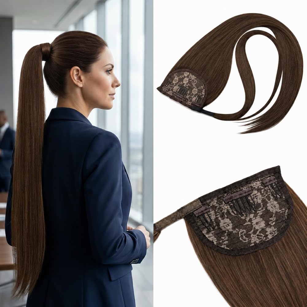 SISIYUYU Human Hair Ponytail Extension, 22 Inch, 130g, Light Neutral Brown, Wrap Around Quick Volume