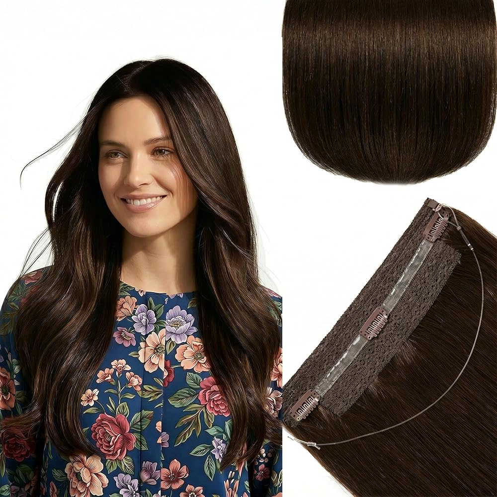SISIYUYU Halo Hair Extensions Real Remy Human Hair, 14 Inch, 95g, Dark Brown, Invisible Wire for Thin Hair & Natural Volume