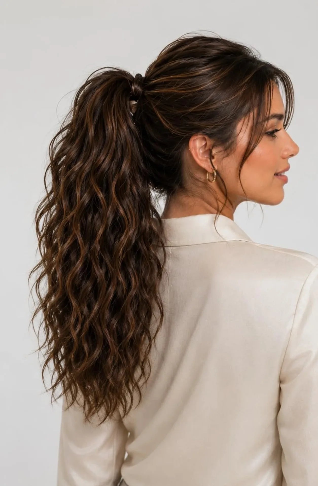 Side view of a shaped claw-clip ponytail