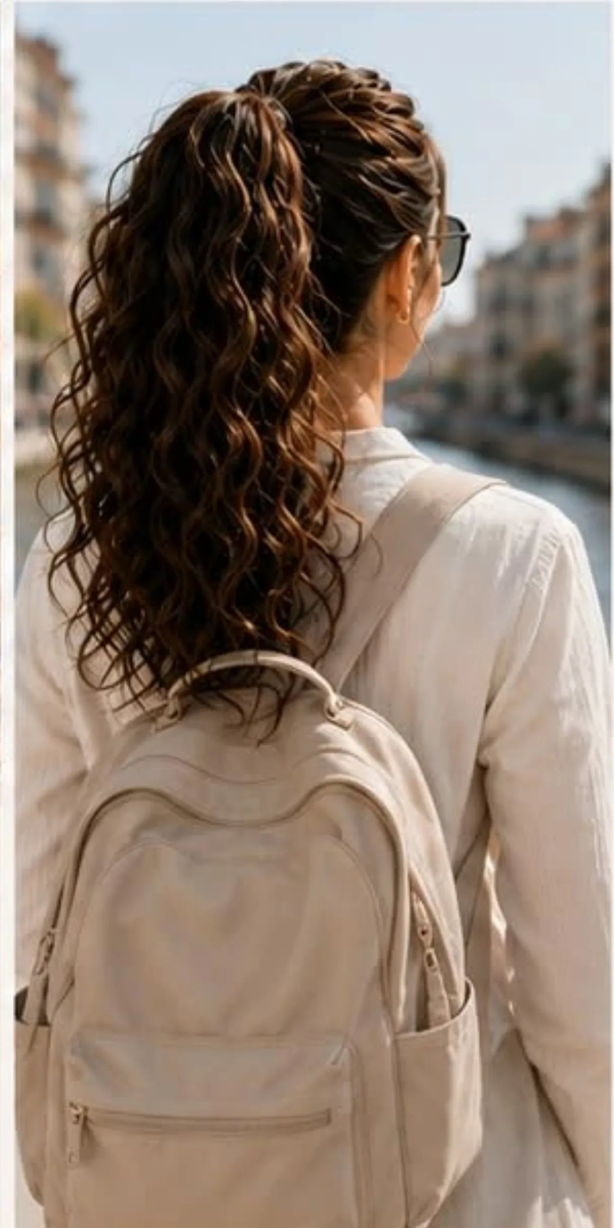 Removable claw-clip ponytail styled during travel
