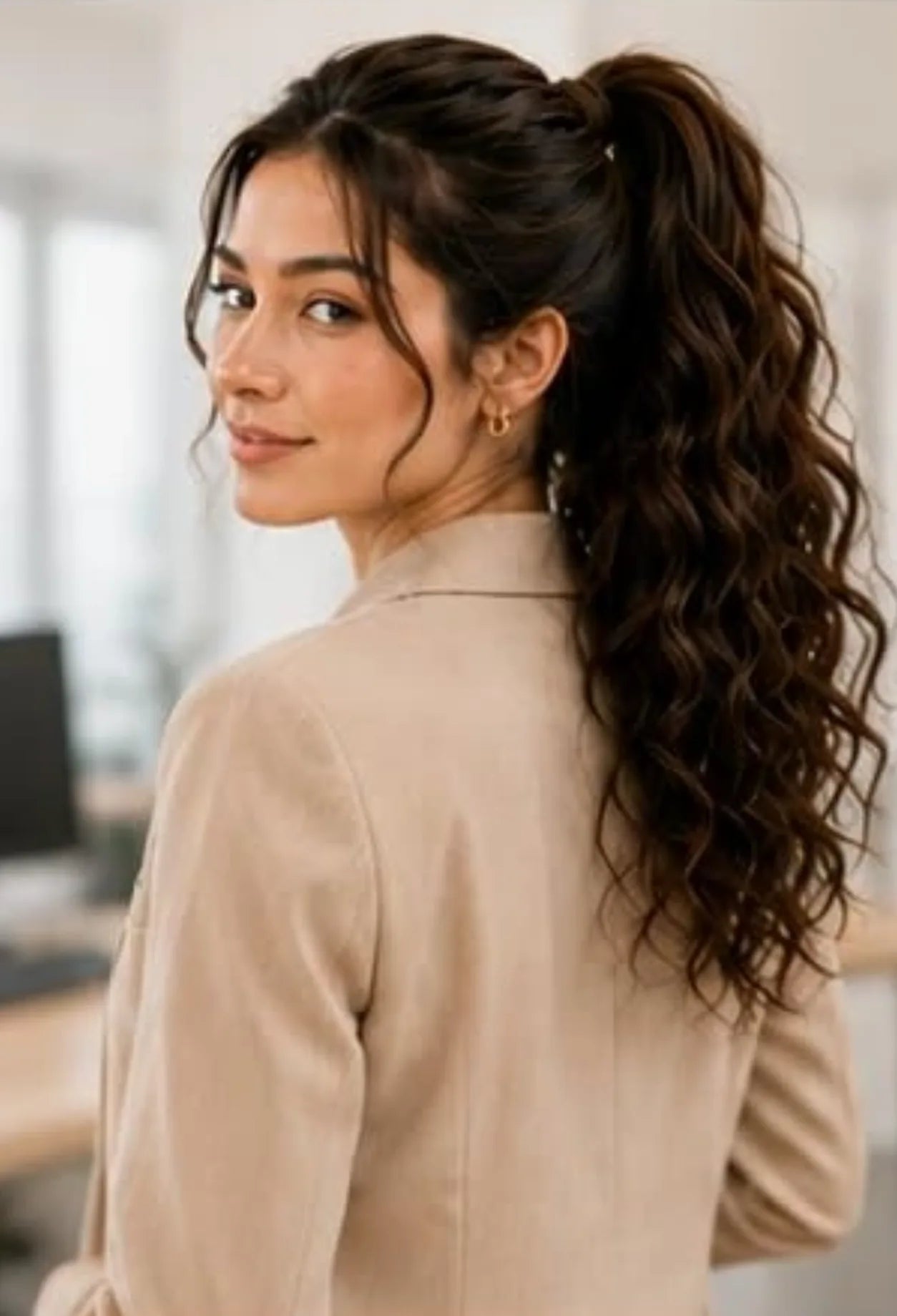 Claw-clip ponytail styled for a workday