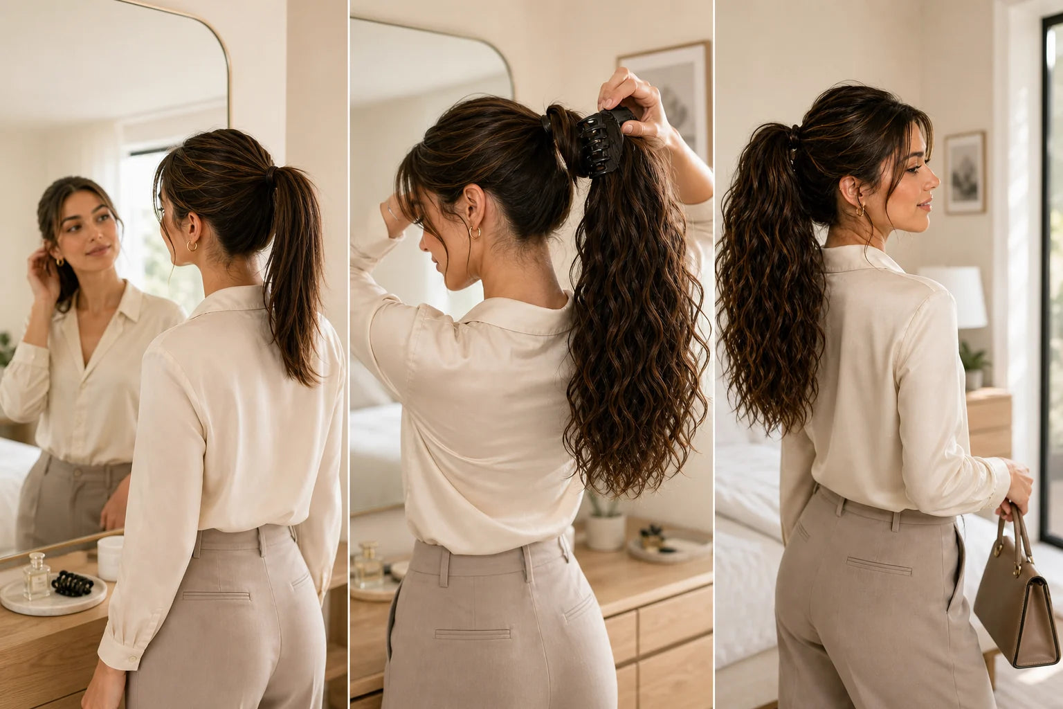 Woman shown with a polished real-human-hair claw-clip ponytail