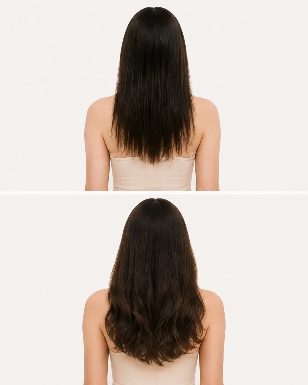 Back-view comparison of softer Lightweight Halo fullness and fuller Double Drawn Halo ends