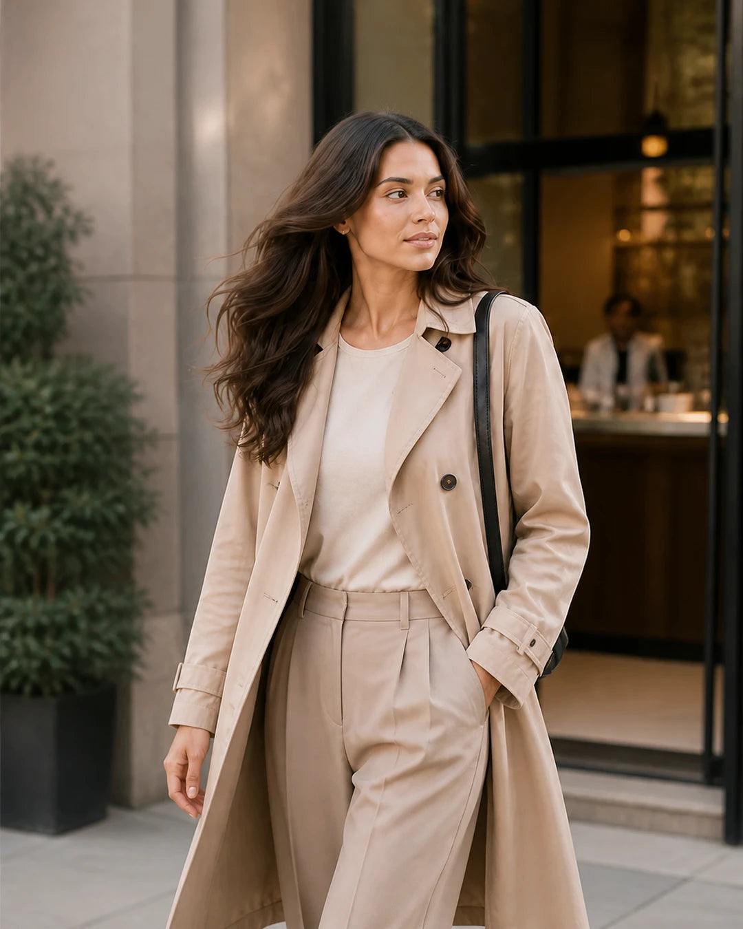 Brunette woman outdoors with full Double Drawn Halo ends moving naturally