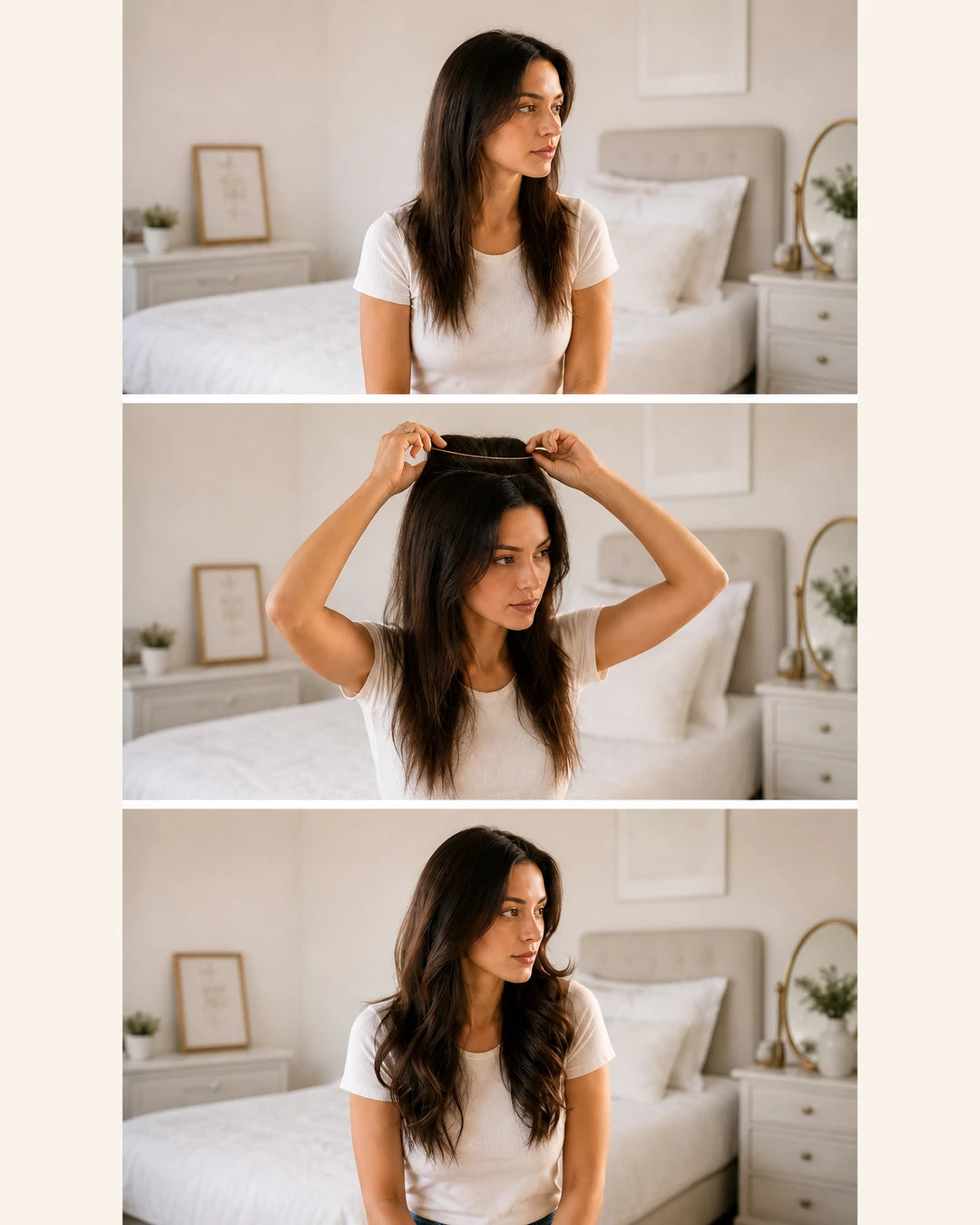 Three-step morning routine showing natural hair, Halo placement and the finished fuller result