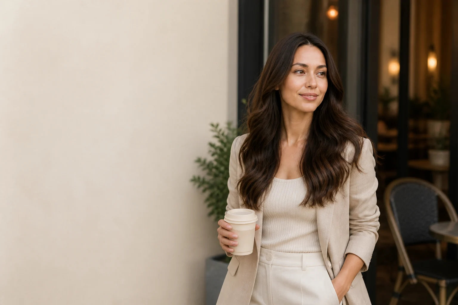 Brunette woman wearing professionally installed Tape-In extensions in an everyday cafe setting
