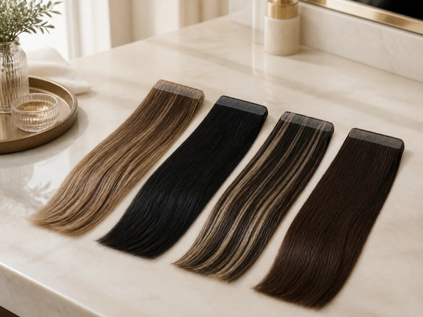 Four available Invisible Tape-In shade families on a salon counter