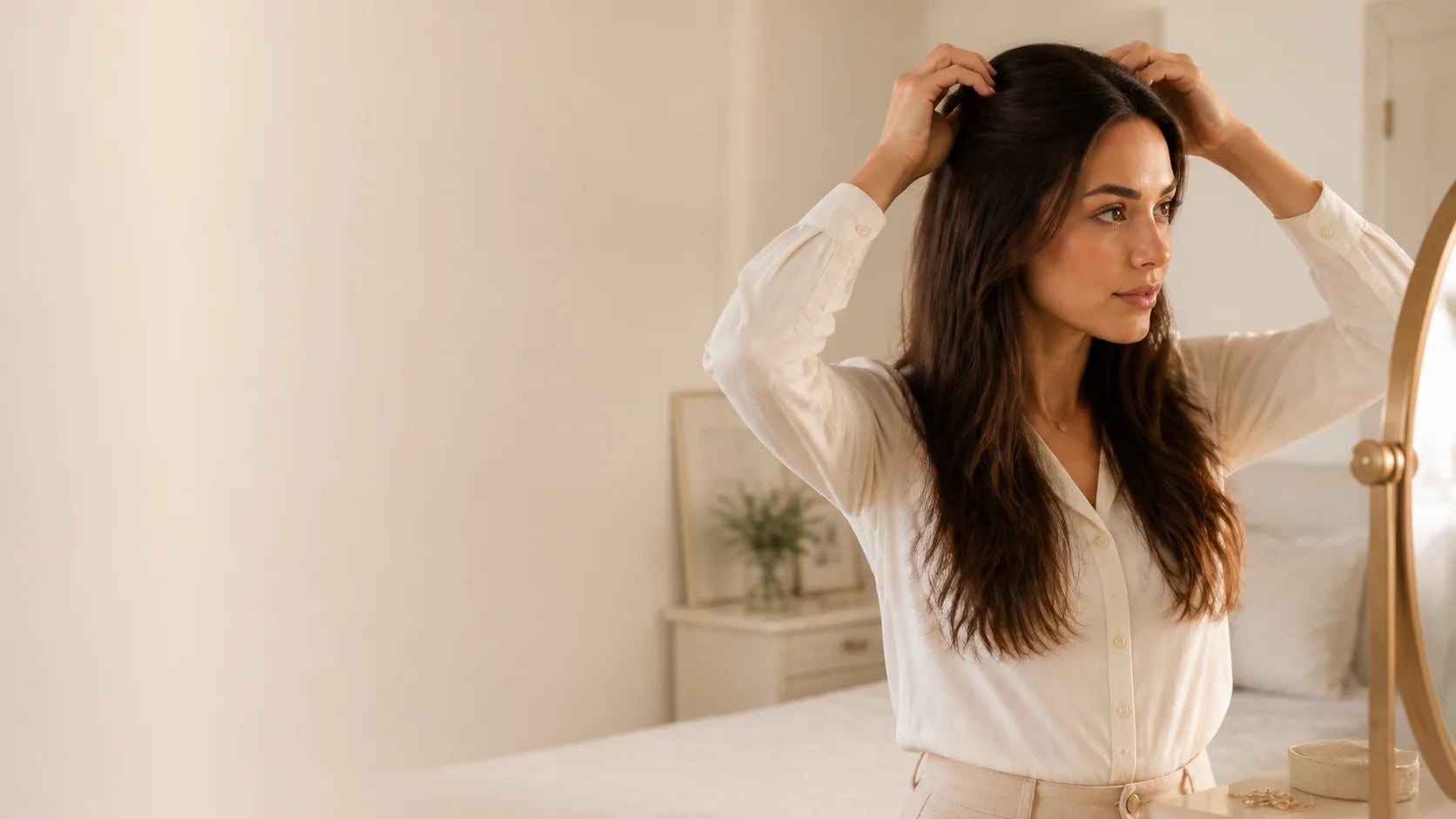 Woman getting ready with naturally fuller-looking brown hair