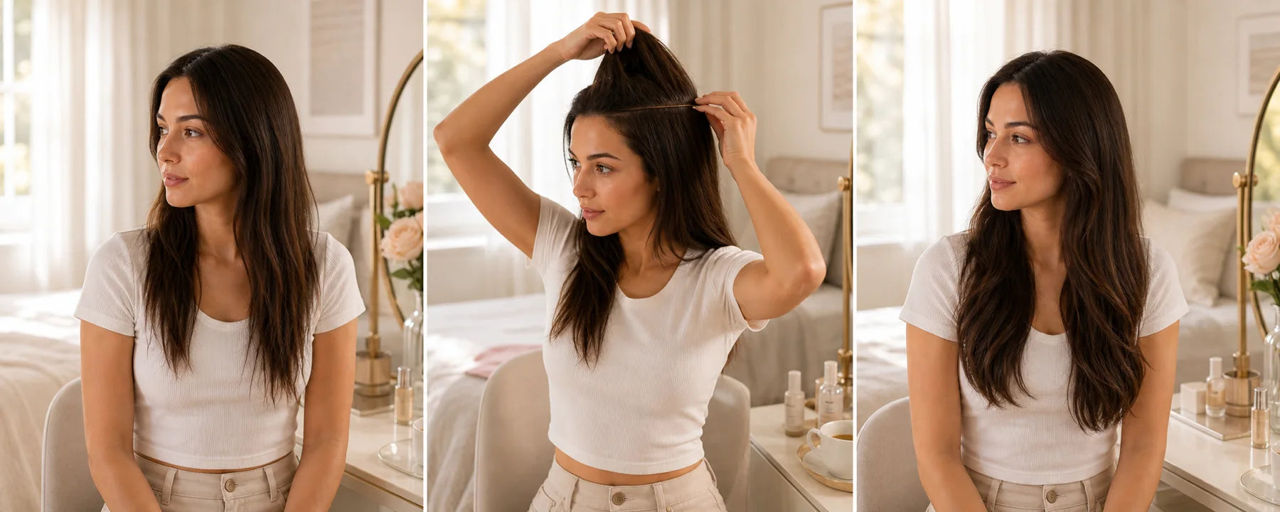 Three-step morning transformation from flat hair to naturally fuller hair