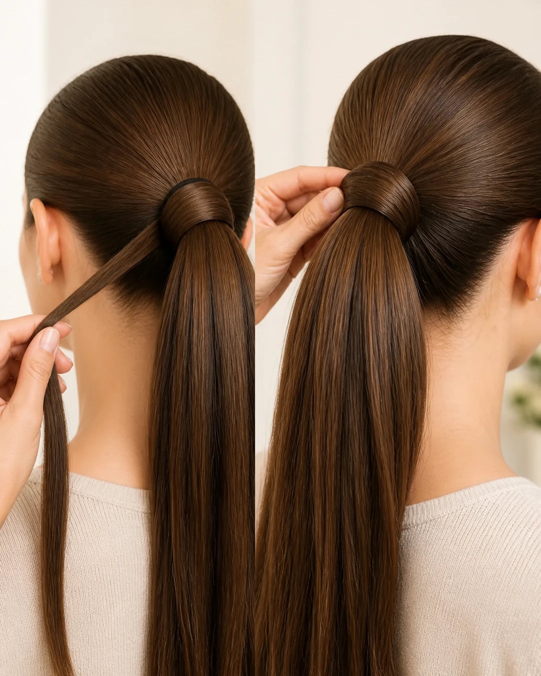 Close rear view showing the separate hair strand wrapping around the ponytail connection
